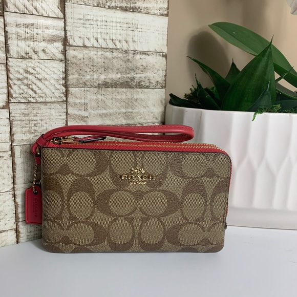 Coach Double Corner Zip Wristlet Signature Canvas
